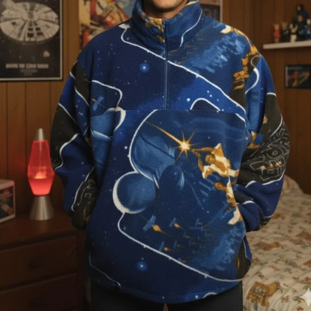 VINTAGE 80s Custom Star Wars Fleece Half-Zip Pullover Space Galaxy Print XL/2XL
